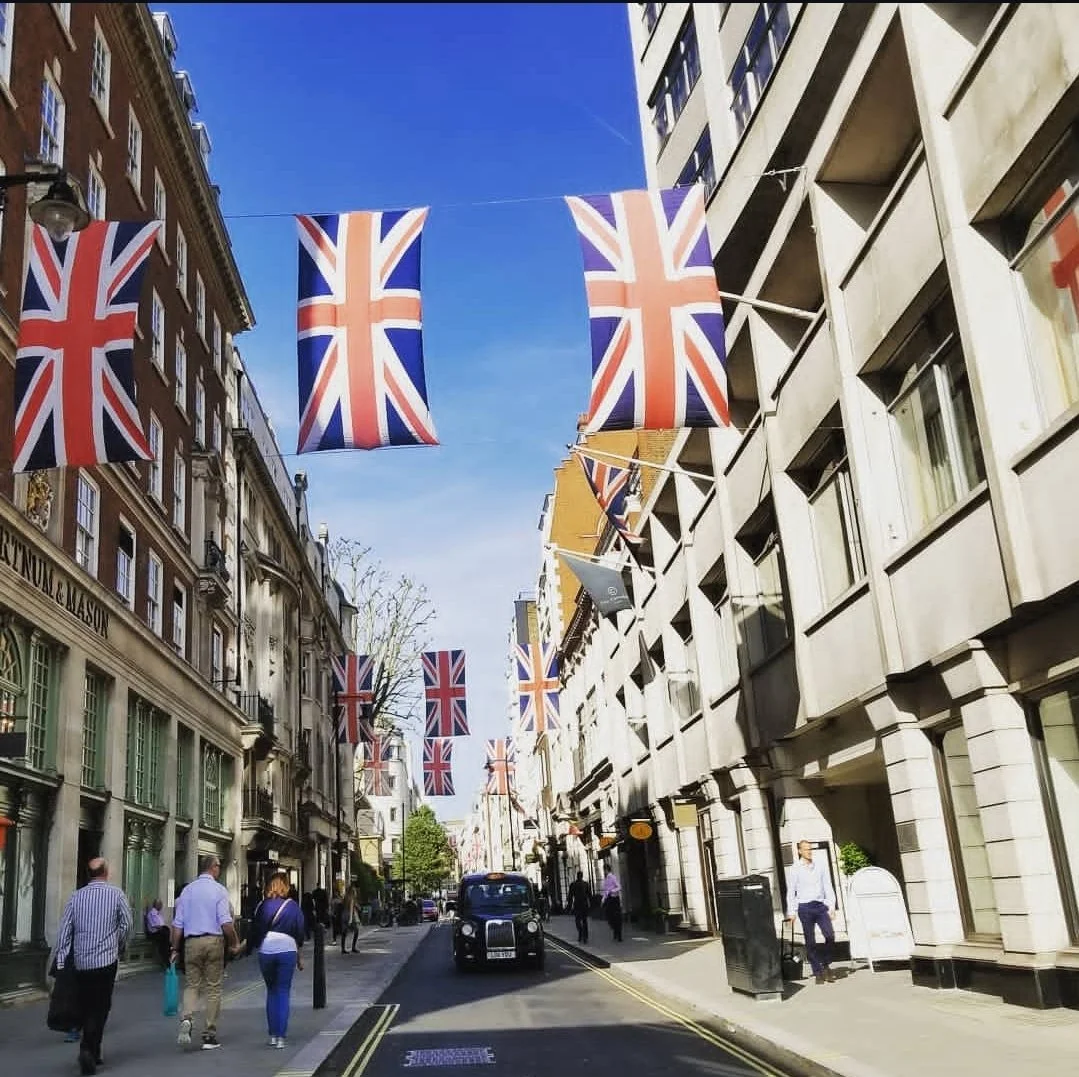 Union Jack flags above a London street